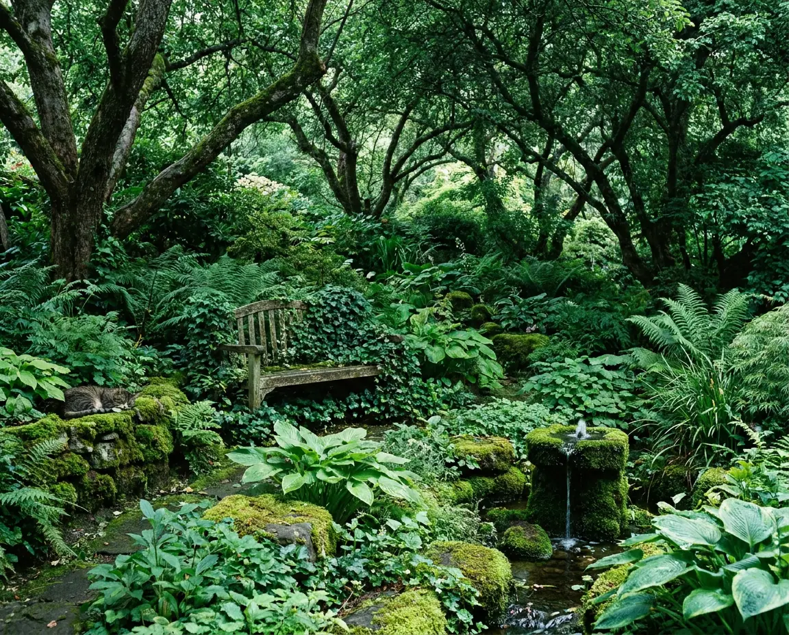 A shady garden of ferns and hostas under old trees